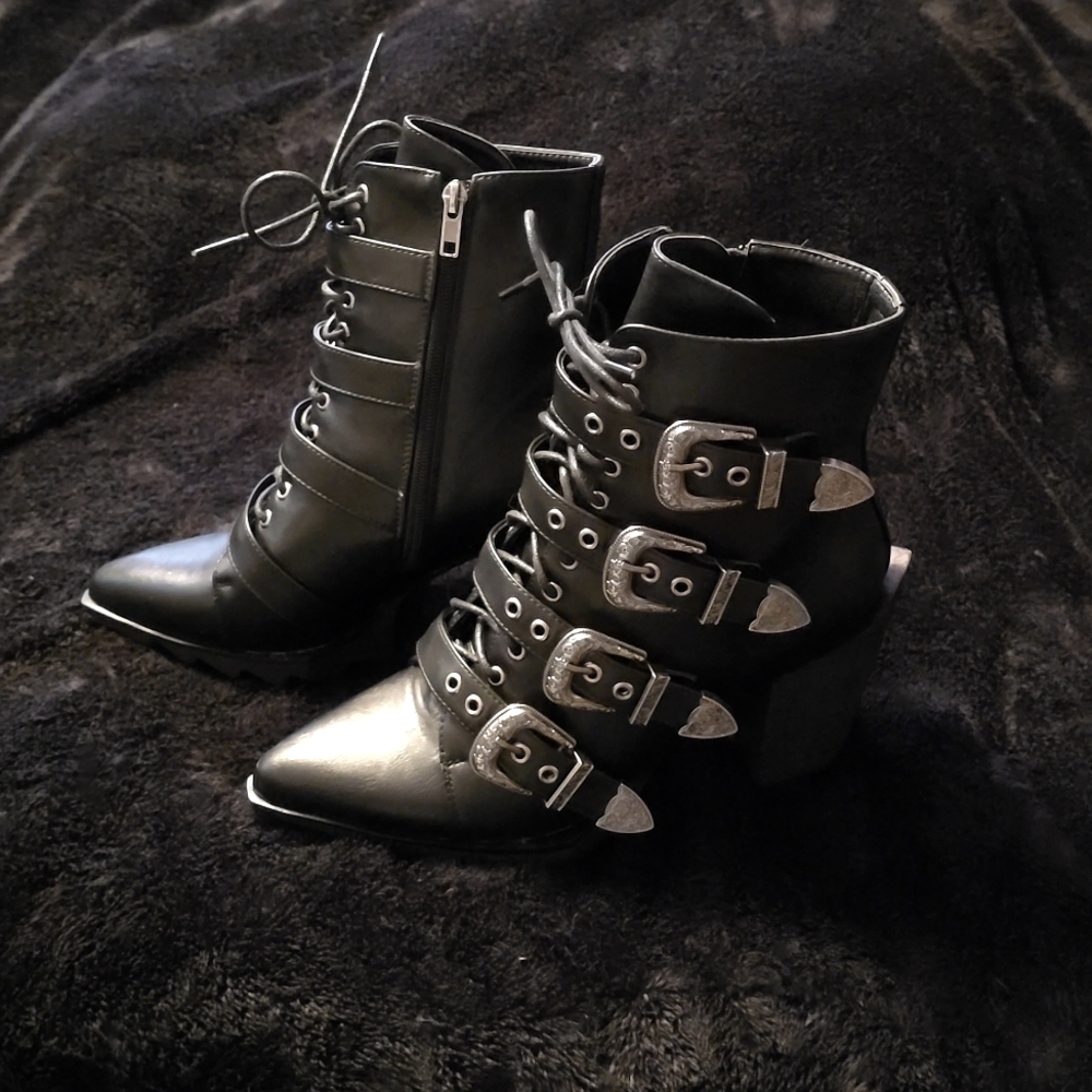 Lamoda Don't Even Buckle Black Heel Boots Size 10 Punk Goth Witch Vibes